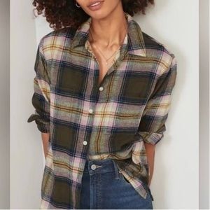 Old Navy The Boyfriend Flannel Shirt Size L Purple and Yellow